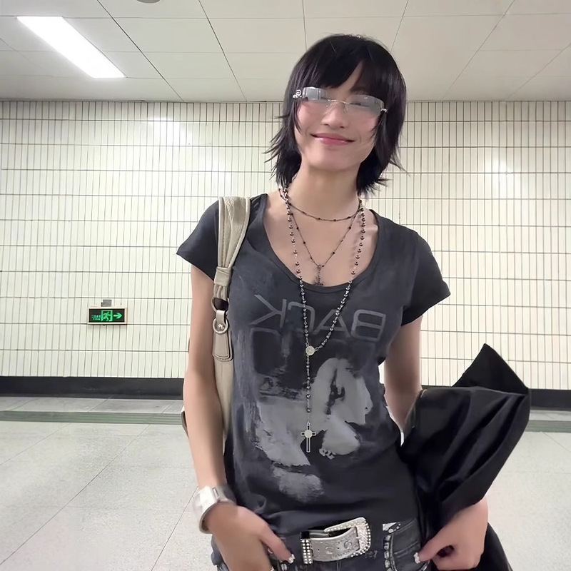 [260g Rayon Modal] Street Portrait Printed Short-Sleeved T-Shirt Women's New Slim American Sexy Top