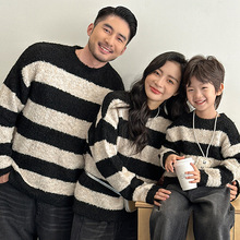 网红亲子装冬季新款款条纹套头针织衫一件三口母女装保暖宽松毛衣