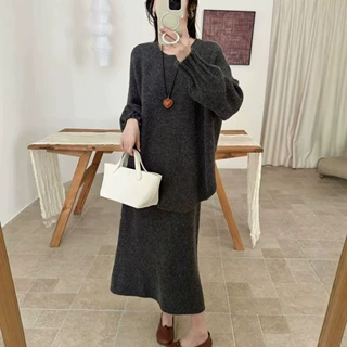 跨境女装高级感针织套装女秋冬新款宽松慵懒风毛衣半身裙两件套厚
