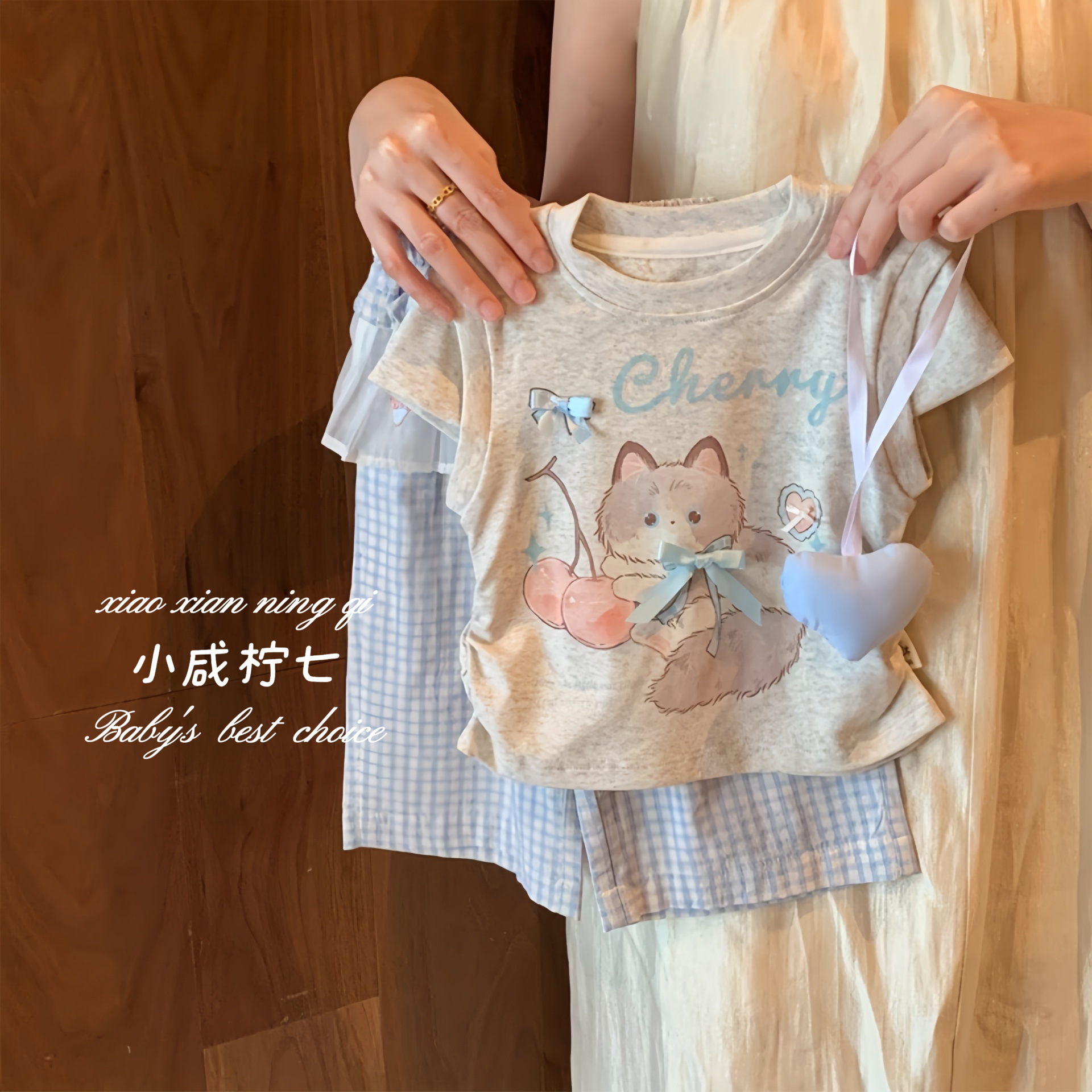 [Little Salty Lemon Seven] Girls Summer New Style Little Girl Baby Cat Bow Vest Wide Leg Pants Two-Piece Set