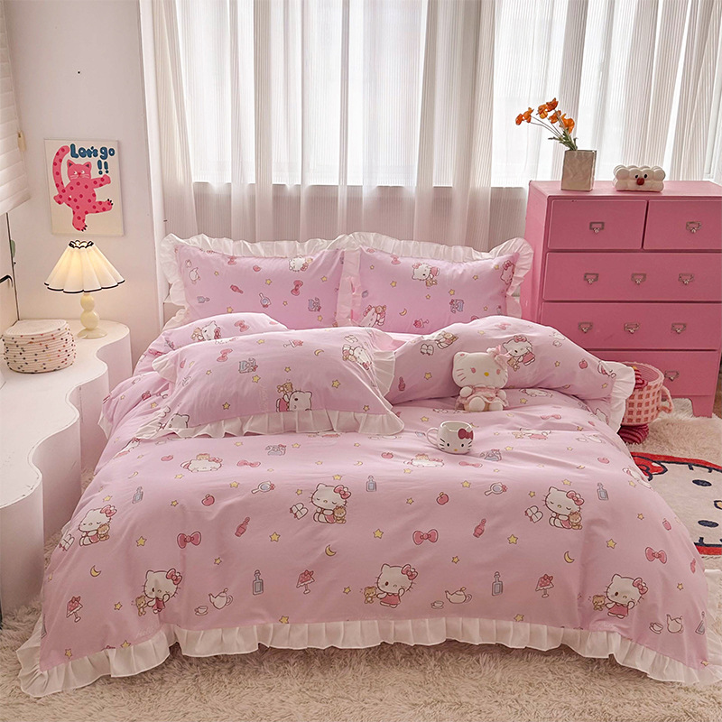 三丽鸥纯棉花边款四件套全棉公主风卡通HelloKitty床单被套床裙款|undefined