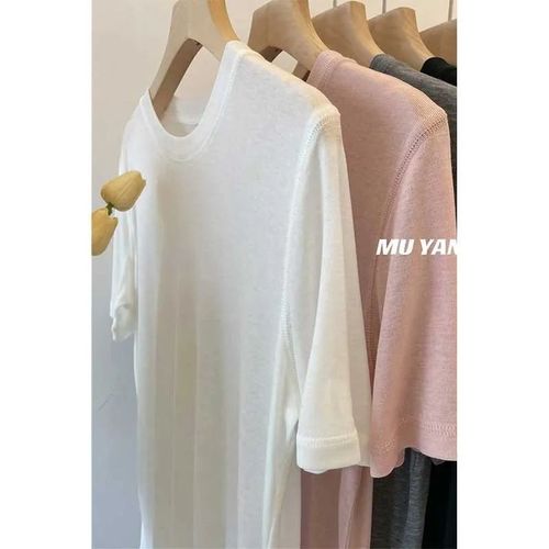 High-quality heavy industry pure color short-sleeved women's summer Korean-style meat-hiding round neck turtleneck basic design fashionable top