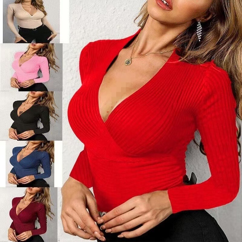 2026 Spring New Women's Long Sleeve Knitted V-Neck Women's Top Slim Fit T-Shirt Shirt for Women Summer Vacation