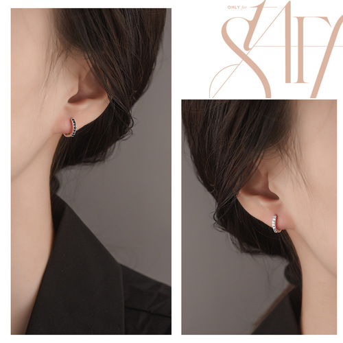 925 Silver Earrings for Women Korean Small Fresh Single Row Diamond Round Sleeping Free Earrings Simple Literary Earrings