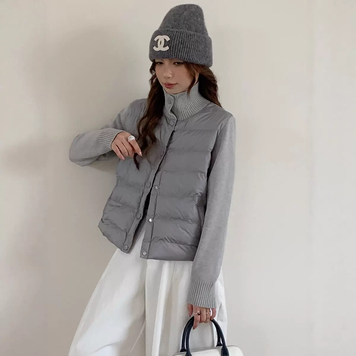 阿诗蜜冬新款空气棉绒服女针织袖保暖纽扣开衫外套轻薄设计感上衣