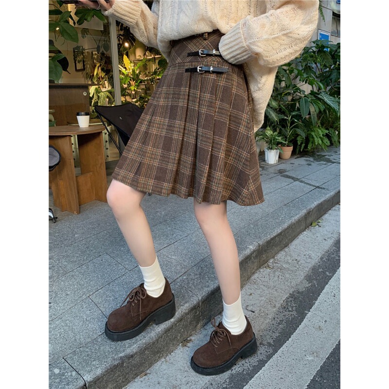 毛呢半身裙子秋冬新款百褶裙复古格纹皮扣字裙学院风加厚短裙女|undefined