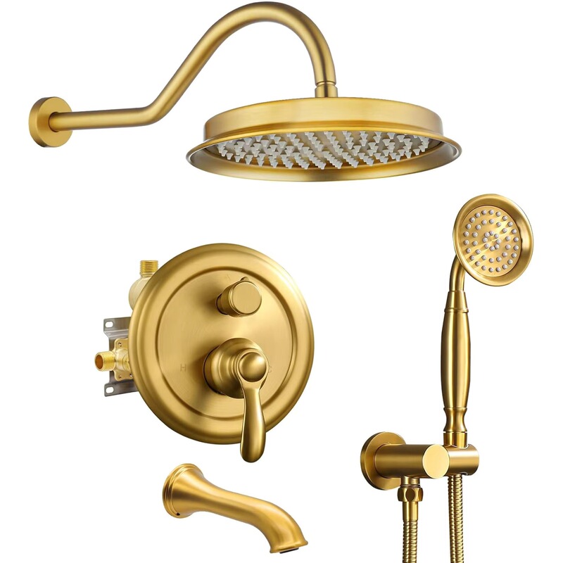 Cross-Border Brushed Gold Concealed Rain Shower System with Antique-Style Faucet Set and Pressure-Balancing Valve