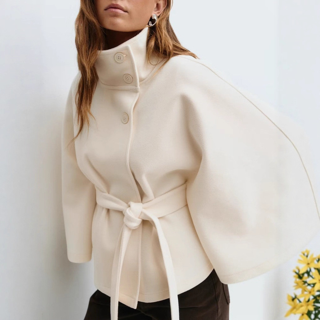 2025 European and American Women's Clothing Autumn and Winter New Amazon Fashion Pure Color Cloak Stand Collar Button Belt Windbreaker Jacket