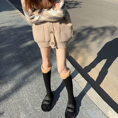 Autumn/Winter Lamb Wool Ribbed Calf Socks with Vertical Stripes, Slim-Fitting and Soft and Cute Crew Socks