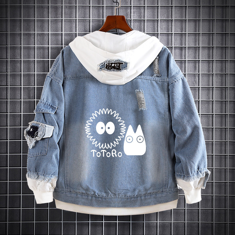 Miyazaki Totoro Denim coat casual hooded fake two-piece sweater clothes men and women couple Student Fashion loose