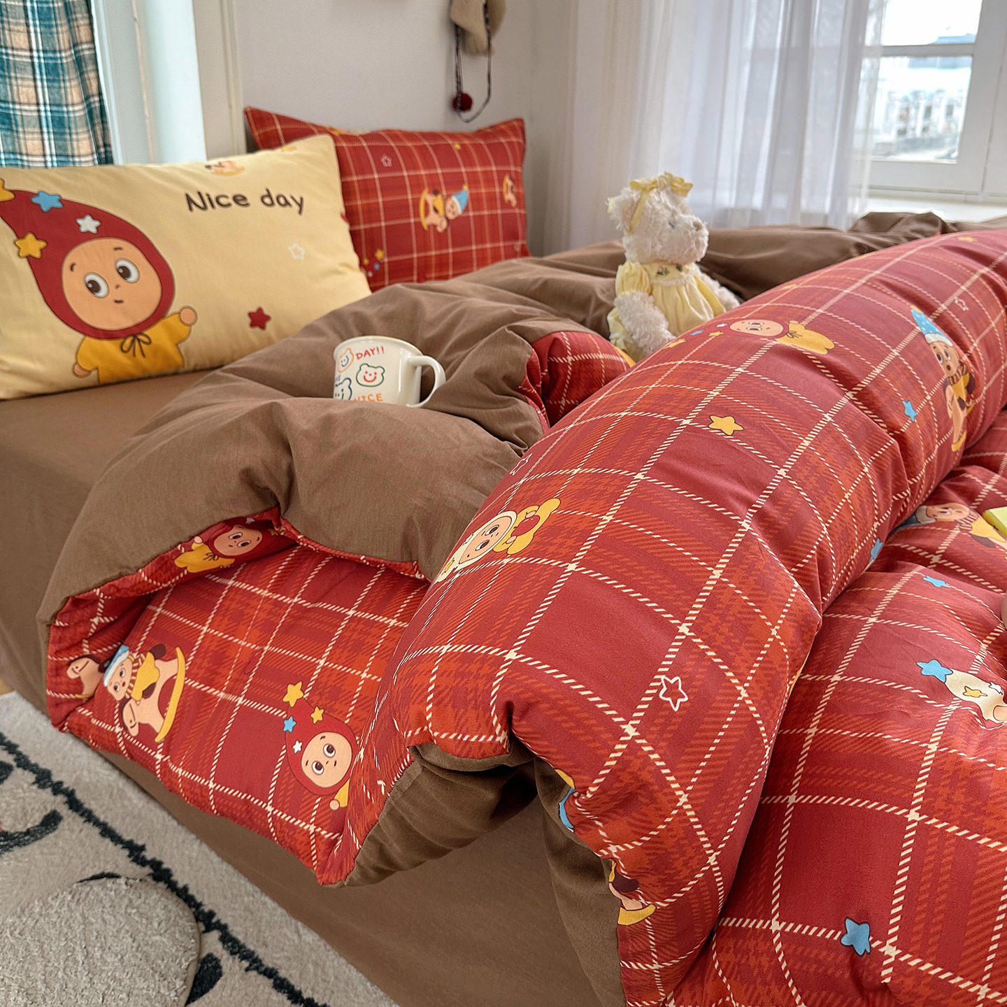 Mezcla de algodón impresa digital grande funda de almohada pequeña serie fresca gatos lindos cuatro piezas dormitorio tres piezas cama
