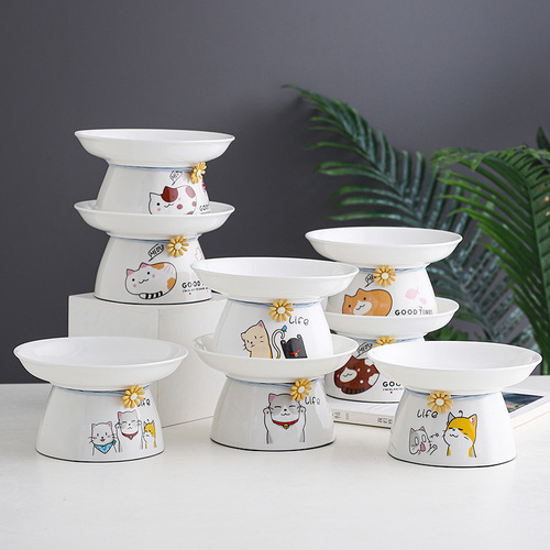 Pet cat bowl ceramic bowl with tall legs and black chin dog rice bowl cute drinking water protection cervical vertebra cat food bowl to prevent overturning