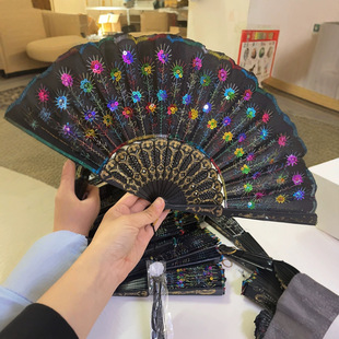 Wholesale Spanish Plastic Fan, Embroidered Sequin Fan, Peacock Tail Feather Shape, Small Mixed Batch, Multiple Colors