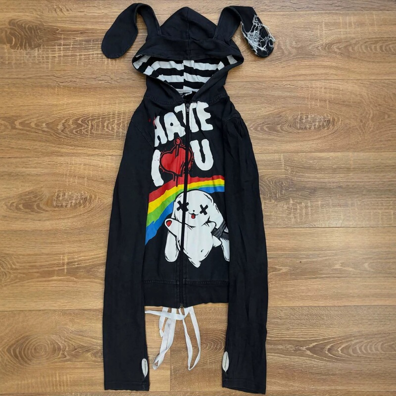 Dark and sweet, cool rabbit-ear hooded cardigan with a tie-back design, featuring a cartoon rabbit print and long sleeves Dark and sweet, cool rabbit-ear hooded cardigan with a tie-back design, featuring a cartoon rabbit print and long sleeves