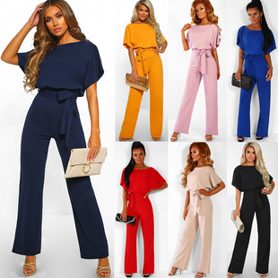 2020 European and American Clothing Amazon Ebay Elegant Work Clothing Summer Button-Up Short-Sleeved Light Mature Straight Jumpsuit