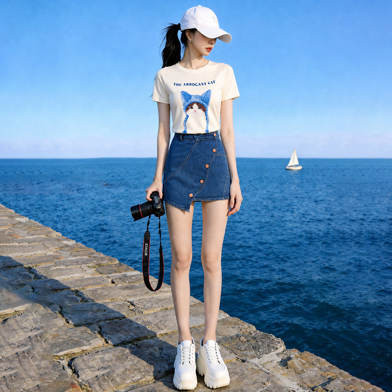 2026 Summer Complete Outfit for Age-Reducing Women, Playful and Cute Cartoon Short-Sleeved T-Shirt, Denim Short Skirt, Fashionable Two-Piece Set 2026 Summer Complete Outfit for Age-Reducing Women, Playful and Cute Cartoon Short-Sleeved T-Shirt, Denim Short Skirt, Fashionable Two-Piece Set