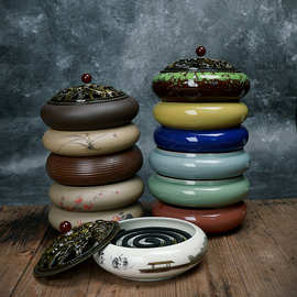 陶瓷大号蚊香炉创意檀香盒盘香炉室内带盖防火中式线香插香座摆件
