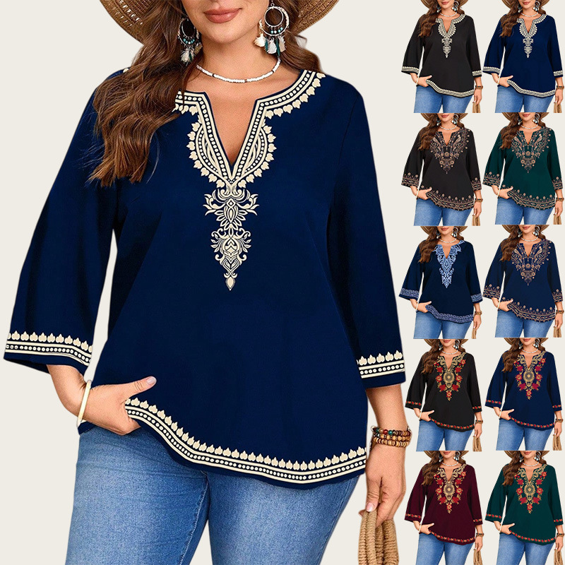 Cross-Border European and American Plus-Size Women's Clothing, New Autumn Fashion Casual V-Neck Ethnic Style Printed Three-Quarter Sleeve Shirt Top
