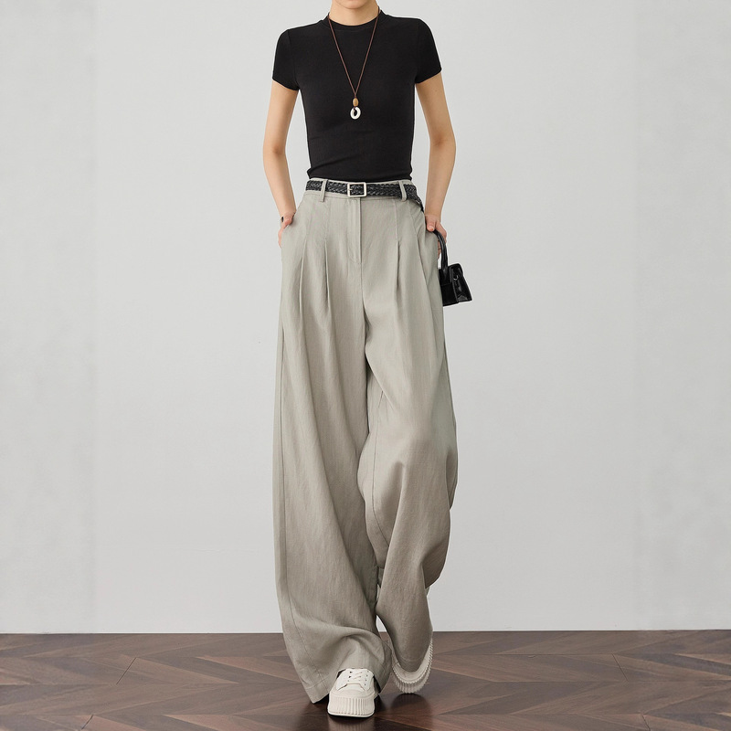 【High-End Design】Tencel Linen Women's Suit Pants Casual Wide-Leg Pants Extra Long Draped Gray Straight-Leg Pants 【High-End Design】Tencel Linen Women's Suit Pants Casual Wide-Leg Pants Extra Long Draped Gray Straight-Leg Pants