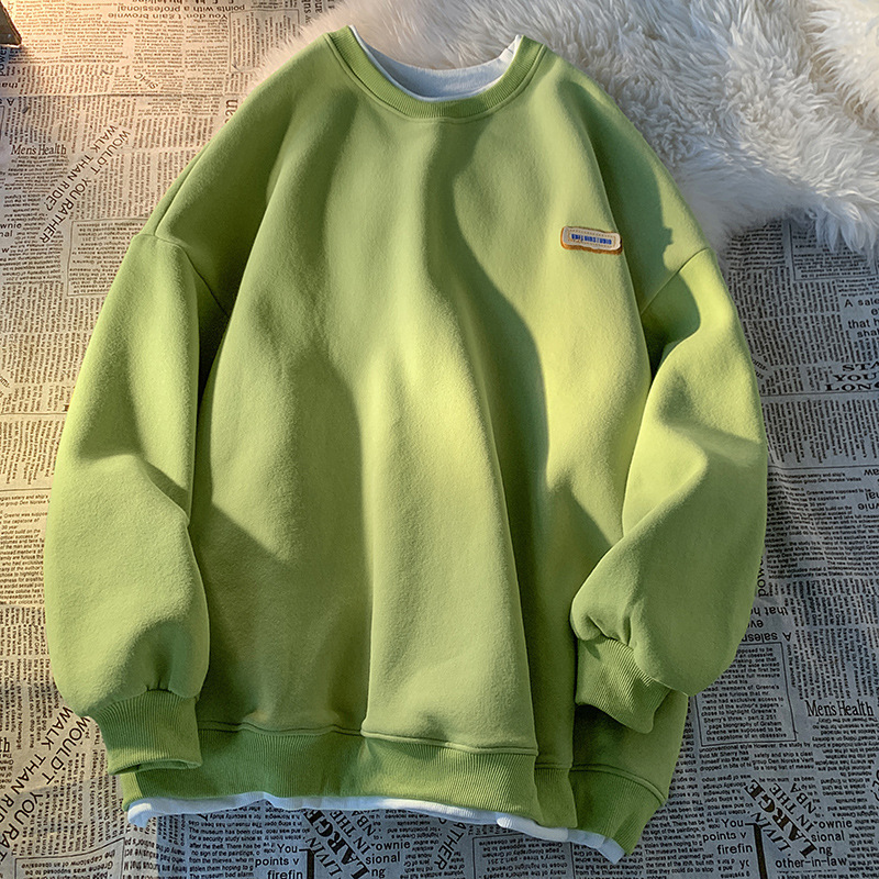Green sweater men's and women's Hong Kong style spring and autumn top new oversize fake two-piece coat top couple wear lazy