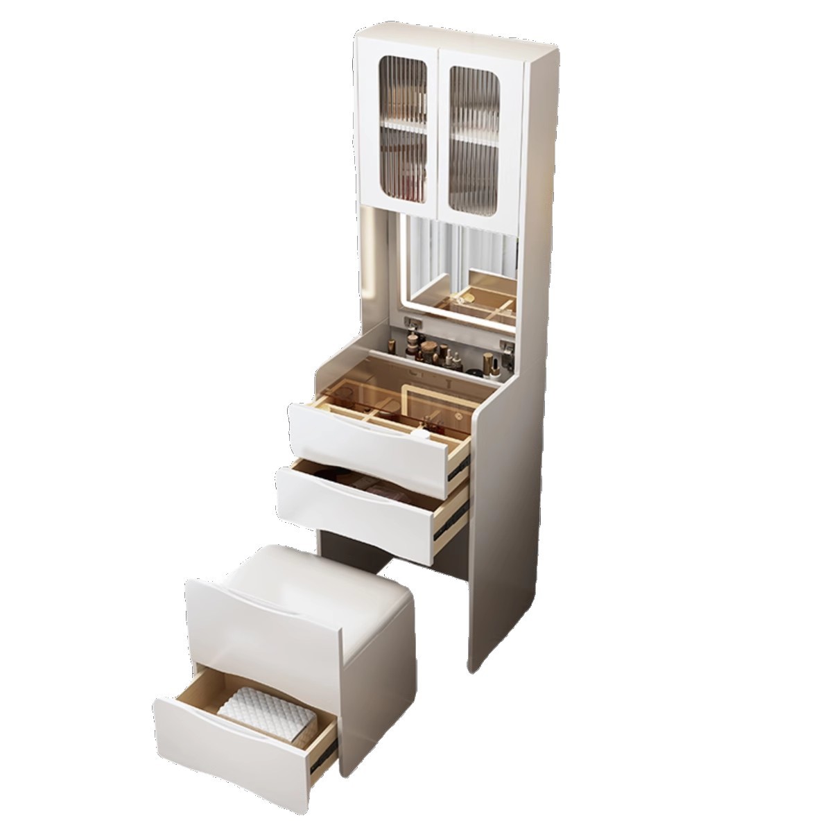 Comedor de tocador dormitorio moderno simple pequeño viento de crema nuevo tipo plegable con lámpara mesa de maquillaje gabinete de almacenamiento en uno