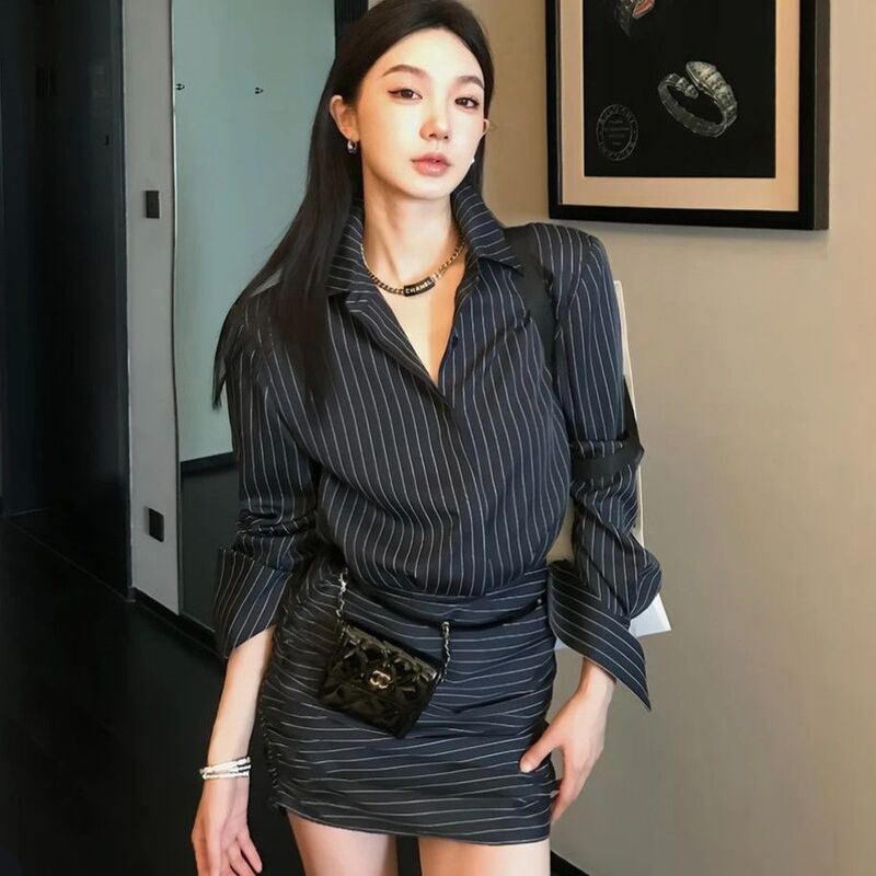 条纹长袖衬衫连衣裙女春季新款收腰修身显瘦复古包臀裙子香云纱|undefined