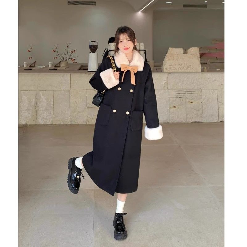 大码毛领蝴蝶结黑色毛呢长袖外套女新款秋冬中长款大衣时尚上衣