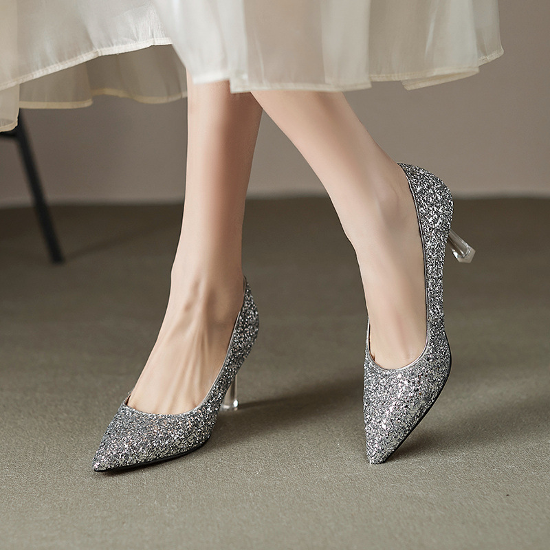 Giày cao gót nữ mũi nhọn đính sequin gót pha lê bạc — Màu bạc