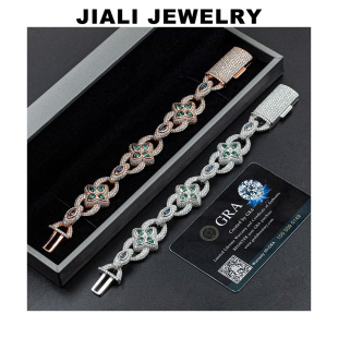 New Arrivals: Full Diamond Four-Leaf Clover Flower S925 Silver Moissanite Bracelet European and American Hip-Hop Men's Figure-Eight Cuban Chain