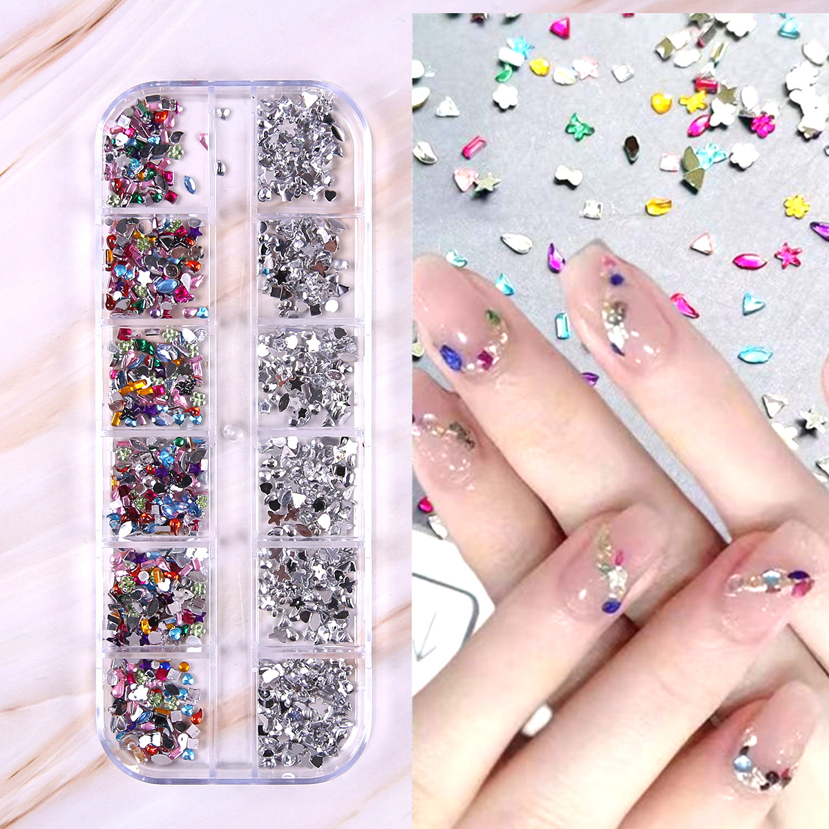 Joyas de uñas calientes transfronterizas ins12 rejilla amor estrella resina vidrio de forma especial diamante etiqueta de uñas diamante nail