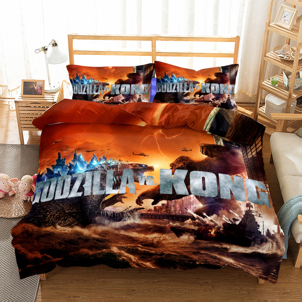 Directly Supplied 3D Digital Printed Brushed Bedding Four-Piece Set of Three-Piece Godzilla King Kong Bed Sheetss, Quilt Pillows