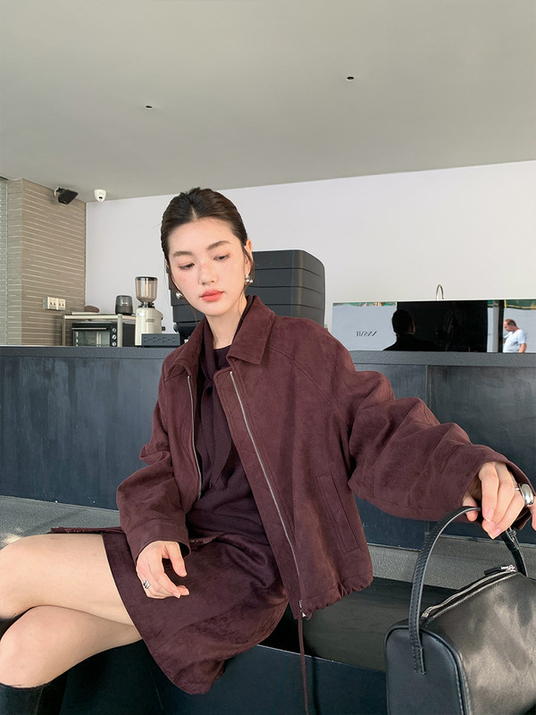 FONE简禾麂皮绒休闲夹克女2025秋季新款时髦复古拉链短外套58186|undefined