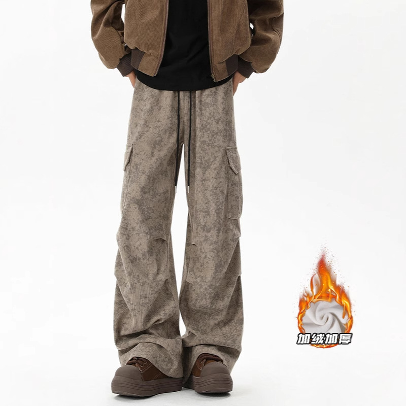 Marble Corduroy Trousers Men's Autumn and Winter New American Style High Street Pleated Paratrooper Sports Tooling Casual Pants