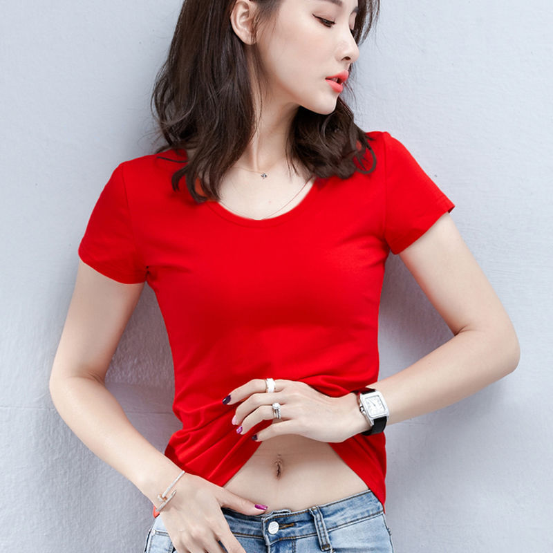 赤い肩の半袖のtシャツの女性の夏の修身の婦人服の丸首の半袖の底のシャツは年齢を減らして身の上着の卸売りを身につけます。|undefined