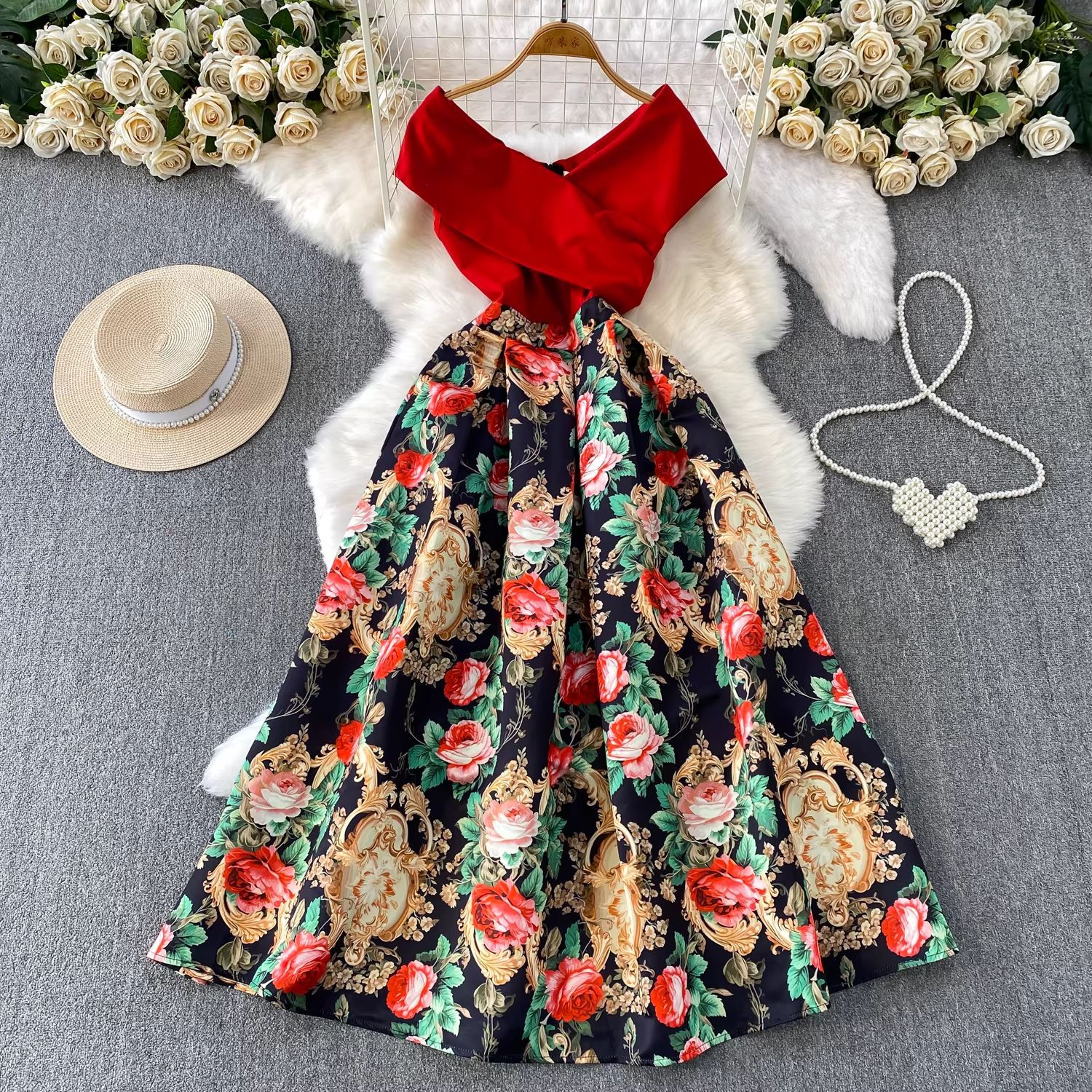 Elegant Court-Style Dress – Cross V-Neck Floral Jacquard Midi Dress With Waist-Defining Silhouette (S-XXL)​_ecoleips.com