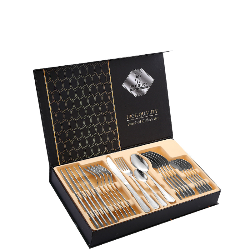 Cuchillo y tenedor de acero inoxidable cuchillo y cuchara de venta transfronteriza conjuntos de 24 piezas conjuntos de doble línea de suministros de hotel caja de regalo conjuntos de cubiertos