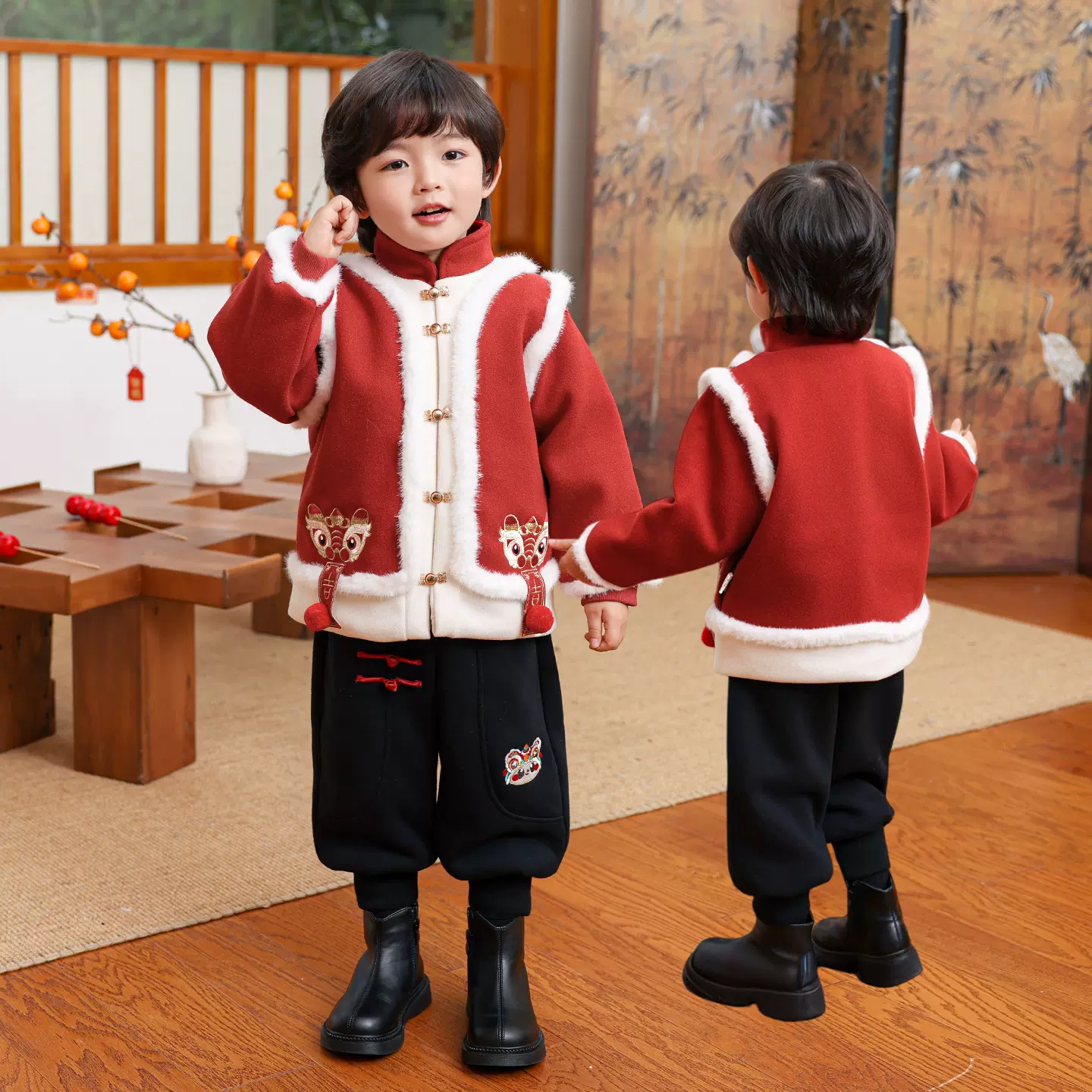 儿童拜年服加厚套装男童女童演出服2025新款冬季新中式唐装衣服冬