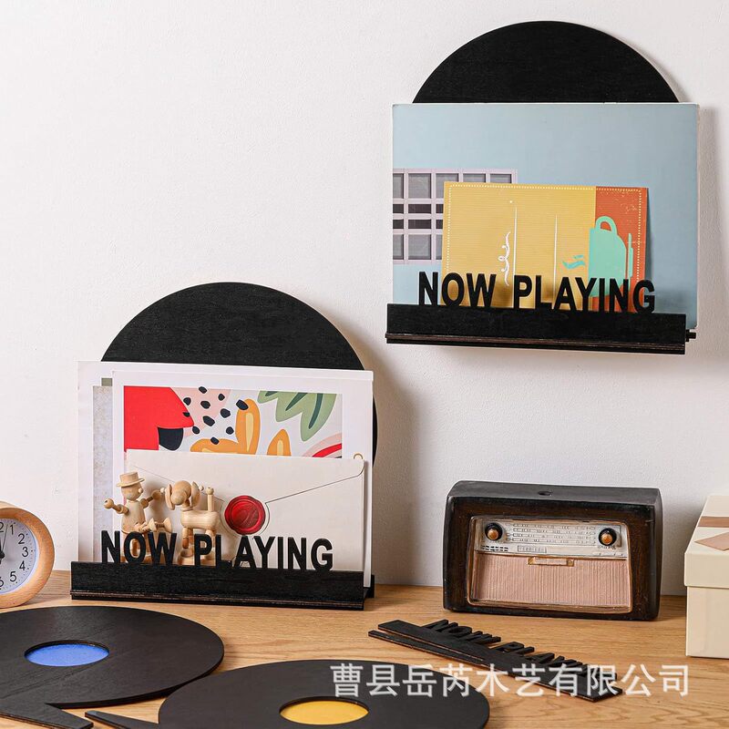 Wooden Record Album Storage Rack Wall-Mounted Display Rack Cd Record Poster Photo Magazine Storage Rack