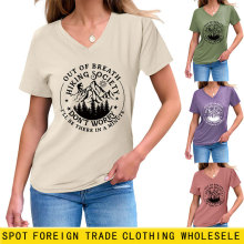 欧美夏季V领新款修身out of breath hiking society百搭短袖T恤女