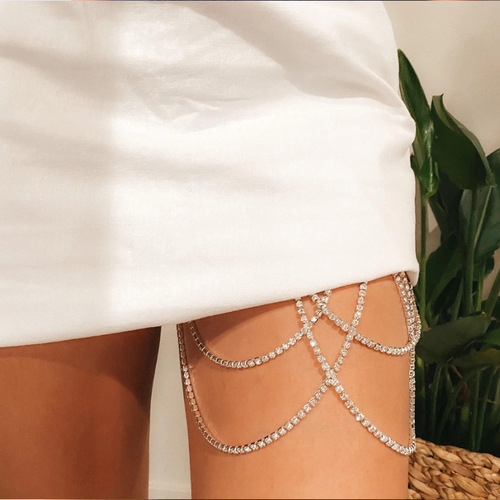 Cross-border hot selling multi-layer cross rhinestone chain full diamond heavy industry fashion beach nightclub tassel sexy leg chain for women