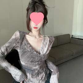 春季辣妹法式别致荡领一字肩上衣扎染不规则长袖恤打底衫女
