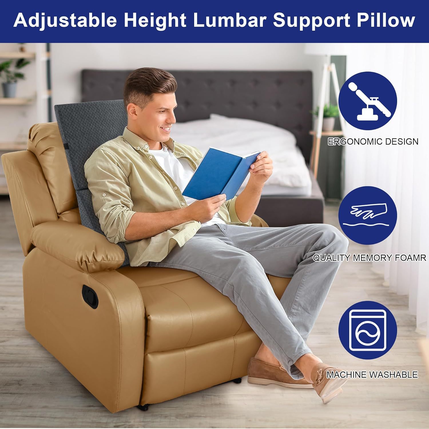 almohada de soporte lumbar ajustable A24 para una variedad de sillas multifuncional de alta densidad de memoria esponja gran cojín respaldo