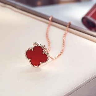 High Version S925 Sterling Silver Four-Leaf Clover Necklace Double-Sided Clover Single Flower Natural Mother-Of-Pearl Agate Pendant Clavicle Chain