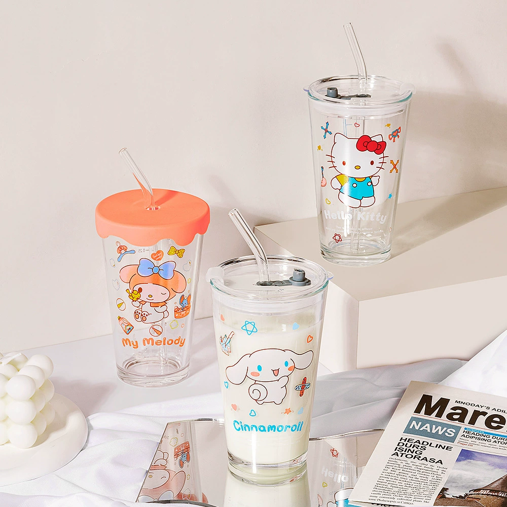 Sanrio glass net red straw cup girl heart scale milk cup drink juice INS wind belt covered milk cup