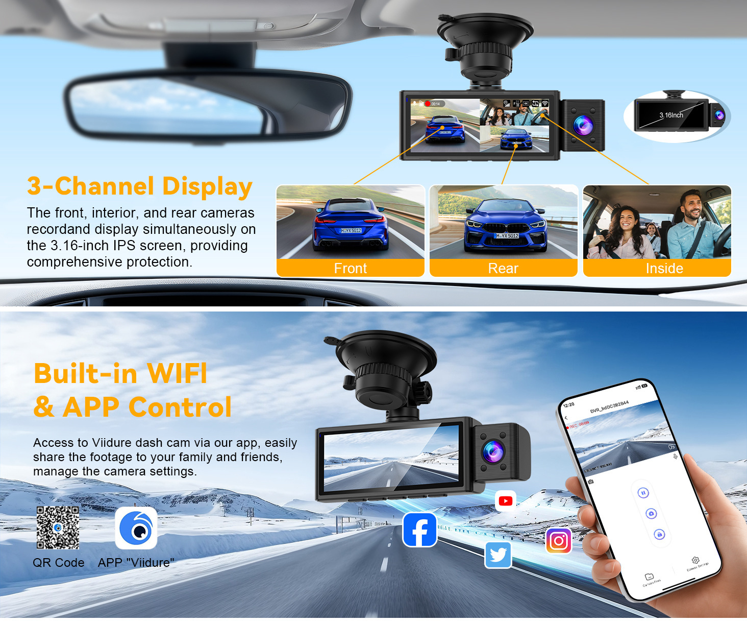 Cross-border 4K triple-camera dashcam with GPS tracking, wide-angle night vision, three-lens WIFI recorder, and reverse camera