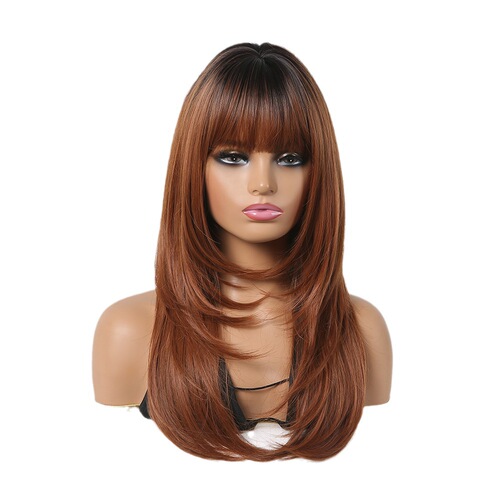 Cross-border hot selling women's wig 26inch full bangs black gradient brown long curly hair tail with inner button wig set