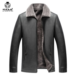 Fur Integrated Leather Jacket Men's Suit Collar Thickeneded Jacket Middle-Aged Velvet Pu Jacket Winter Mid-Length Manufacturer Wholesale
