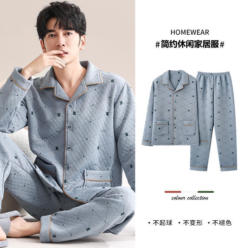 Pijamas de algodón para hombres otoño y invierno caliente capa intercalada gruesa de mangas largas ropa de hogar grande primavera y otoño conjunto de algodón intercalado delgado