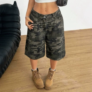 牛仔裤女欧美迷彩中裤弹力亚马逊独立站休闲夏季高腰辣妹复古宽松