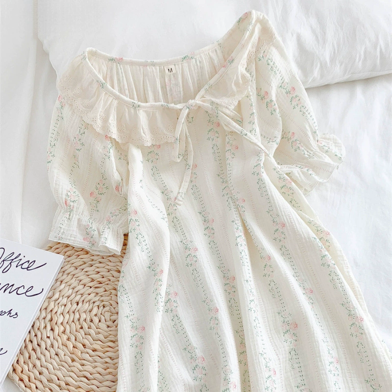 Новая летняя пижама с короткими рукавами и цветочной юбкой средней длины, женская стильная милая кружевная ночная рубашка, свободная домашняя одежда